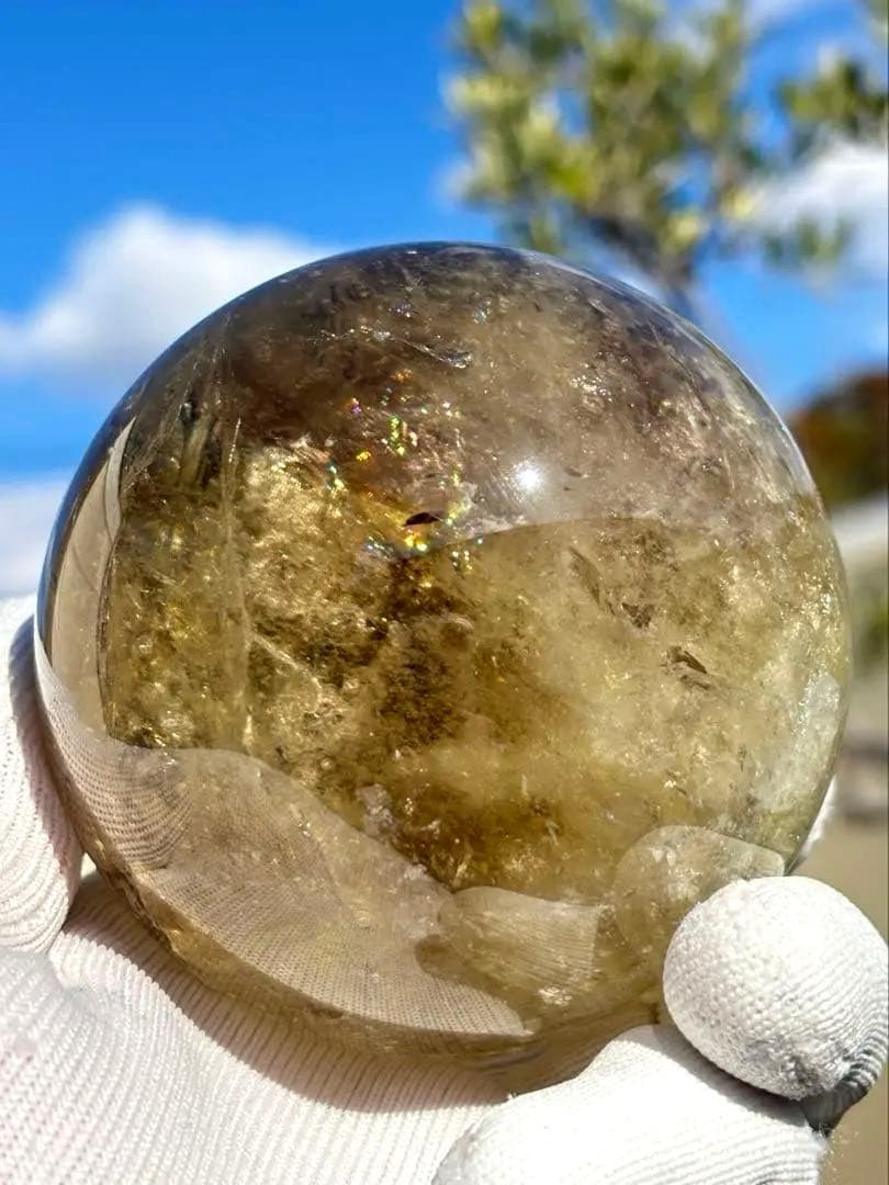 天然石　金運　特大アイリススモーキーシトリンスフィア　台座付き　透明、大量虹入り