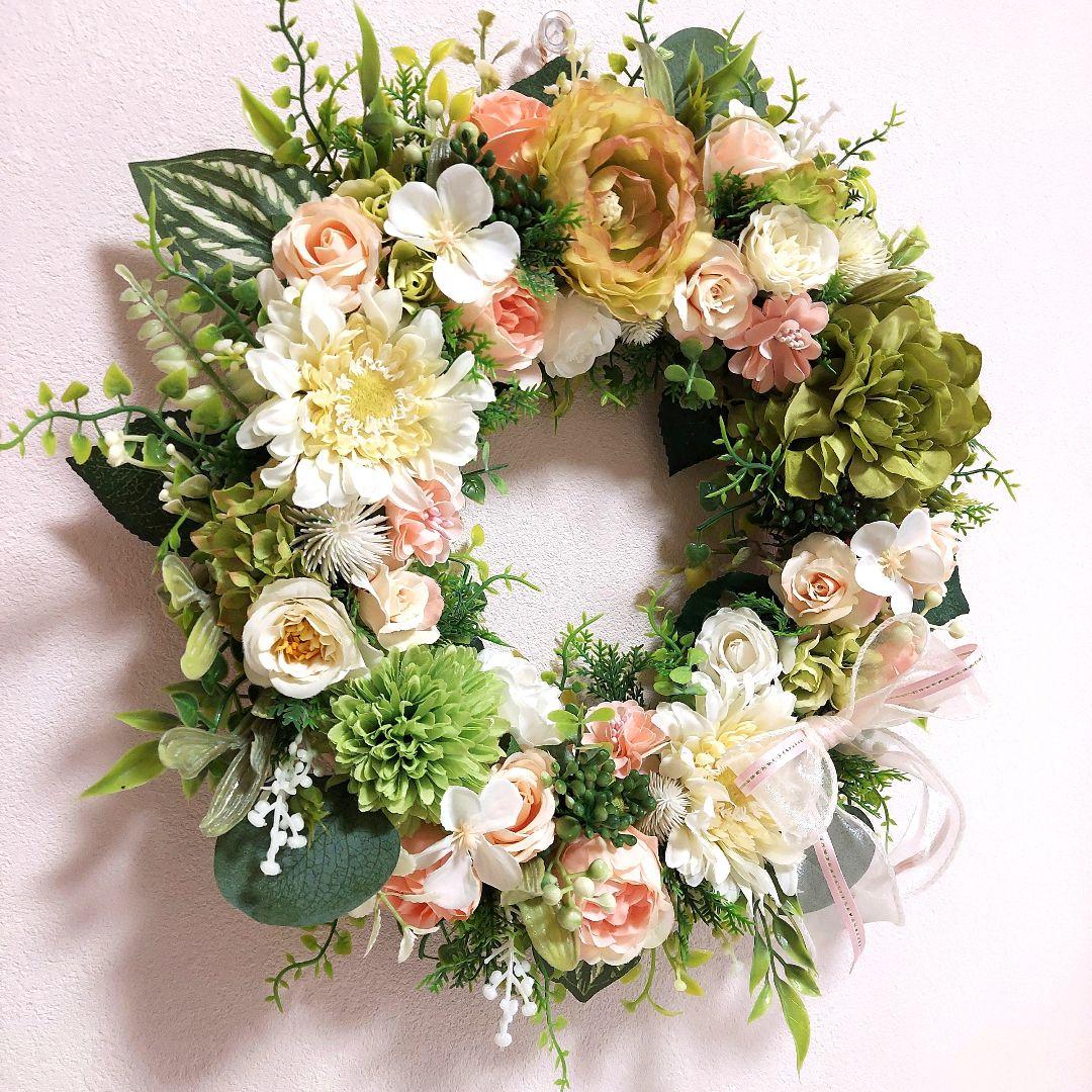 フラワーリース 花見月1 咲き誇る花たち 特大 玄関リース 造花