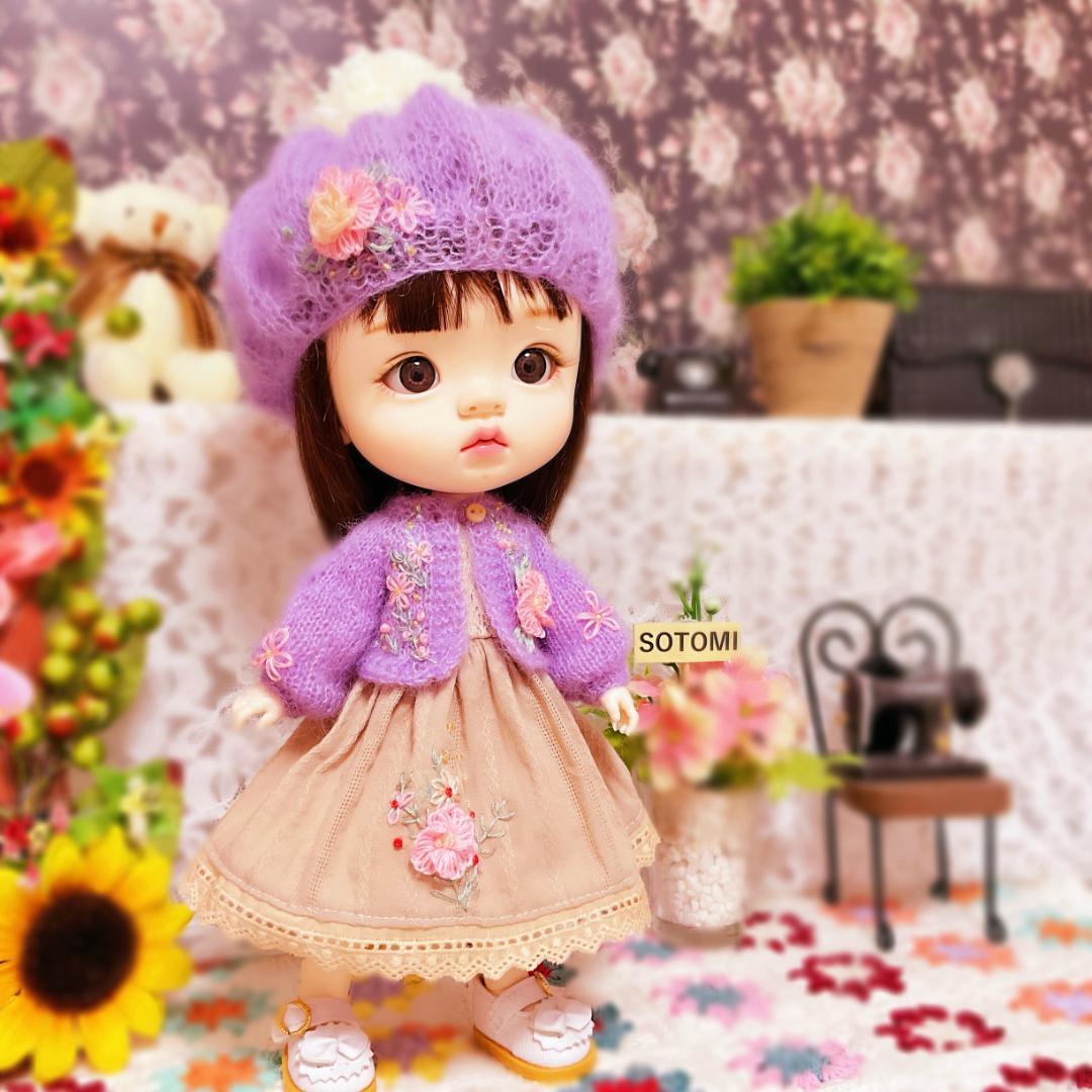 手作りモヘア刺繍セット（ベレー帽 + カーディガン + ワンピース）