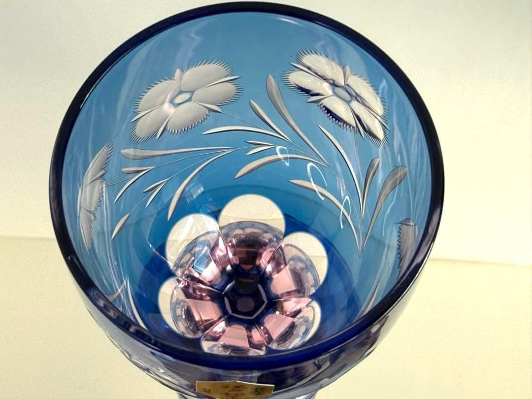 新品未使用 江戸切子 硝子工房 彩鳳 足付ビール杯 薔薇 撫子文様 ペアグラス