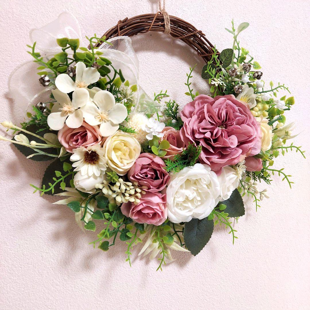 フラワーリース 春の足音11 咲き誇る花たちの花かご 玄関リース 造花