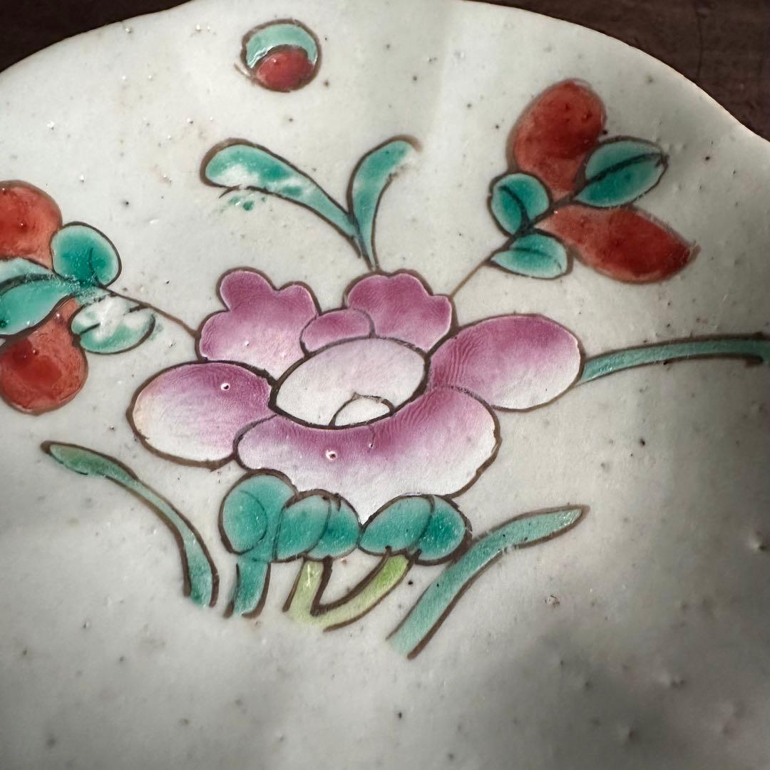【希少】清朝期　粉彩　花の図　輪花皿　台皿　中国古玩　中国美術　骨董品　B