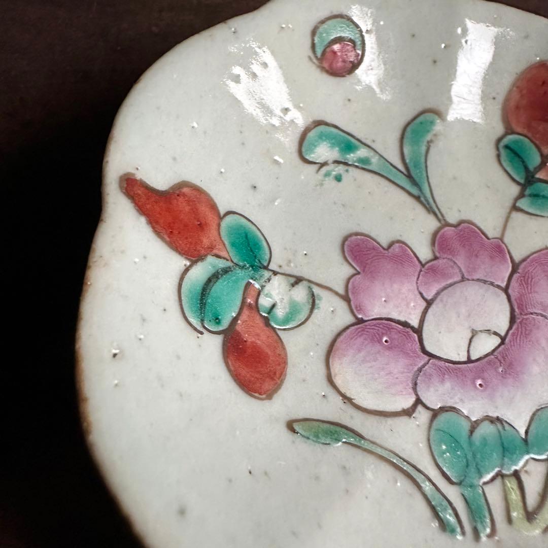 【希少】清朝期　粉彩　花の図　輪花皿　台皿　中国古玩　中国美術　骨董品　B