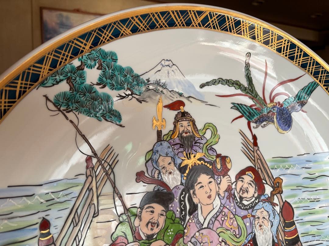 隆泉作　直径60cm 飾り皿　特大絵皿　お皿立て付き
