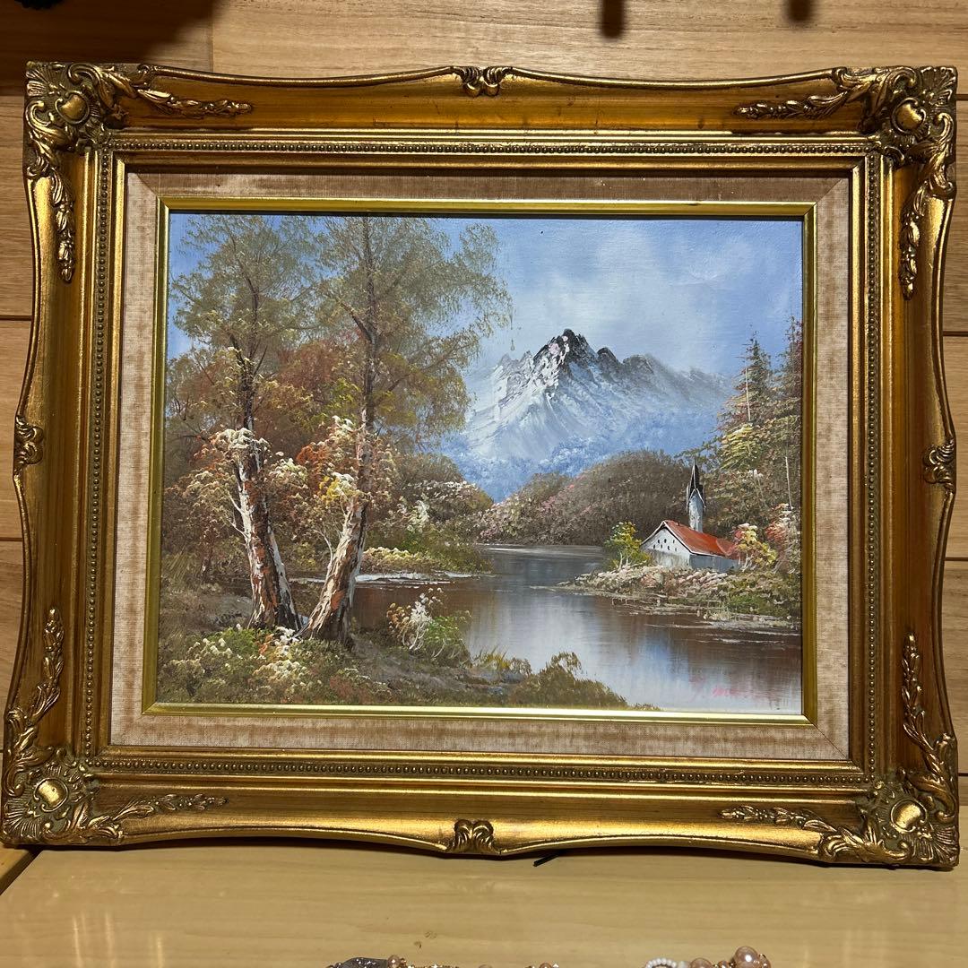 アンティーク 山水 油彩画 油絵 風景画 金縁 絵画 オブジェ アート