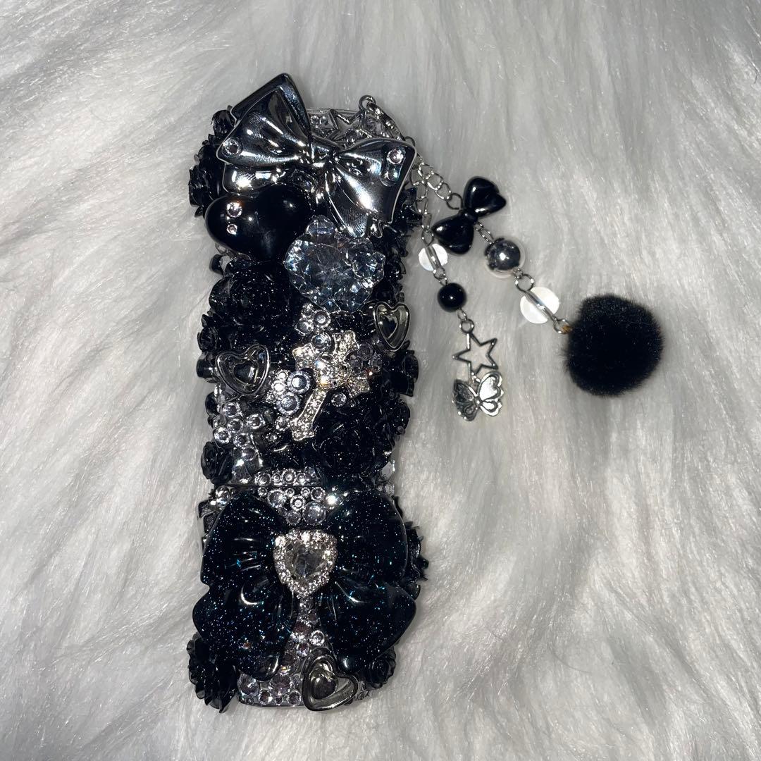 ★ iQOSケース デコ black×silver チャーム付き 【97】