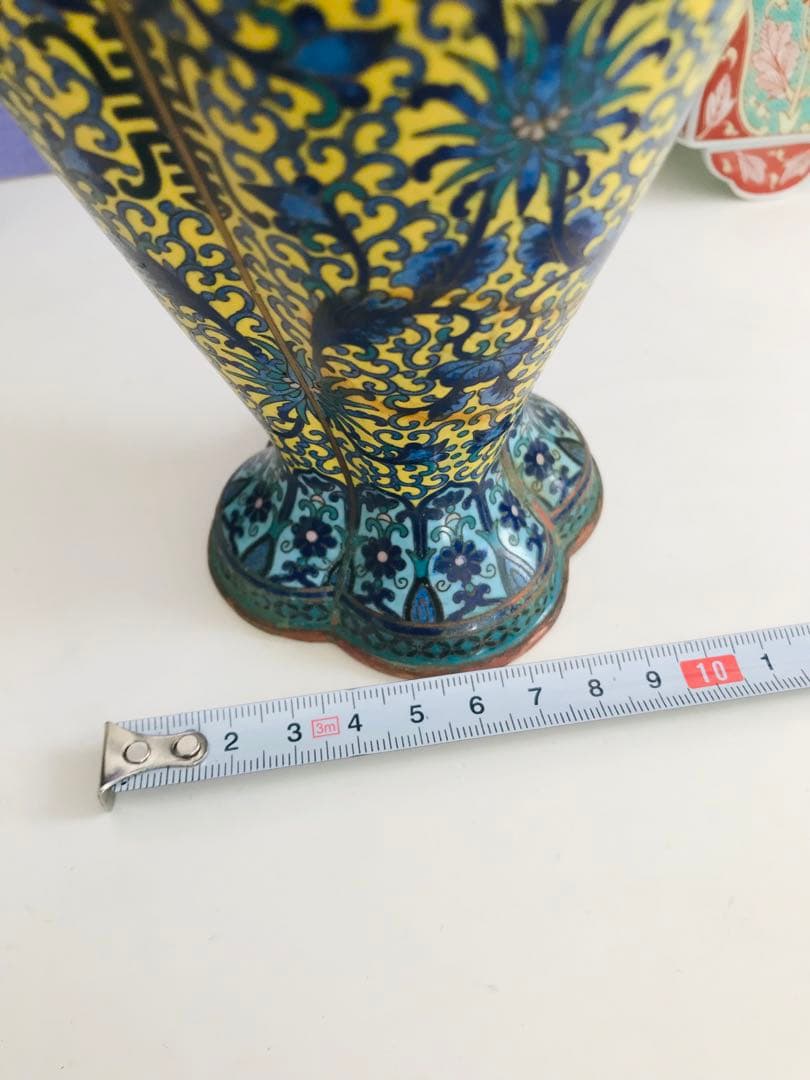 景泰藍 壽 黄地 蓮紋耳付 銅製七宝焼 七宝細工 中国美術 年代品 時代感