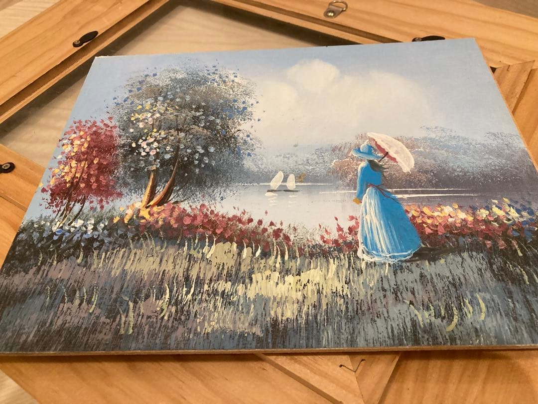 直筆絵画　女性と湖の風景