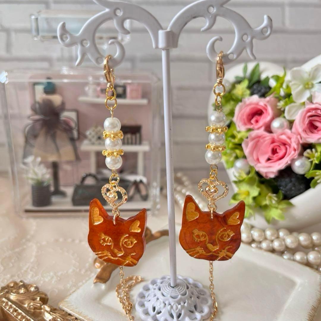 ♪❤️ 猫　ねこ　べっこう　ハート　パール　マスクチェーン　メガネチェーン