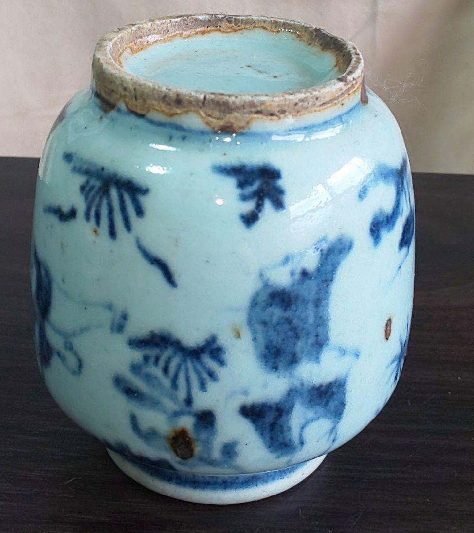 中国美術 白磁染付 明 清時代 人物花模様陶器の壺