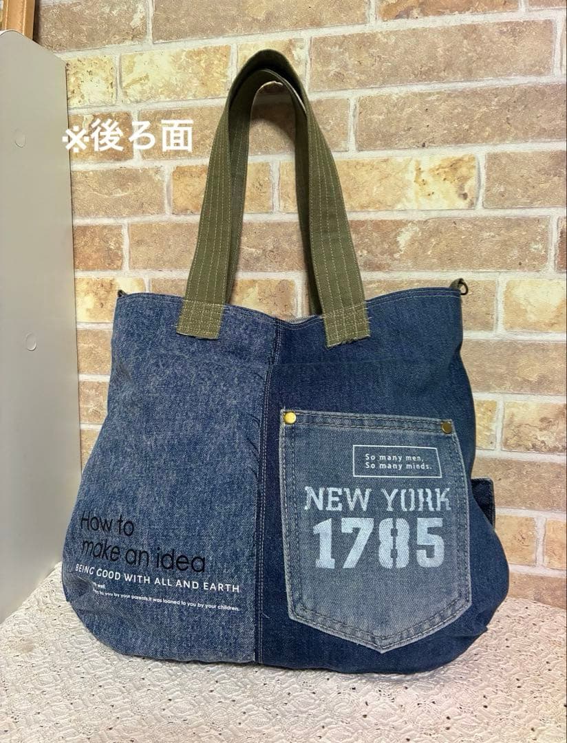 116.★ 大きめトートバッグ★デニムリメイク★Lサイズ★ショルダー紐付き