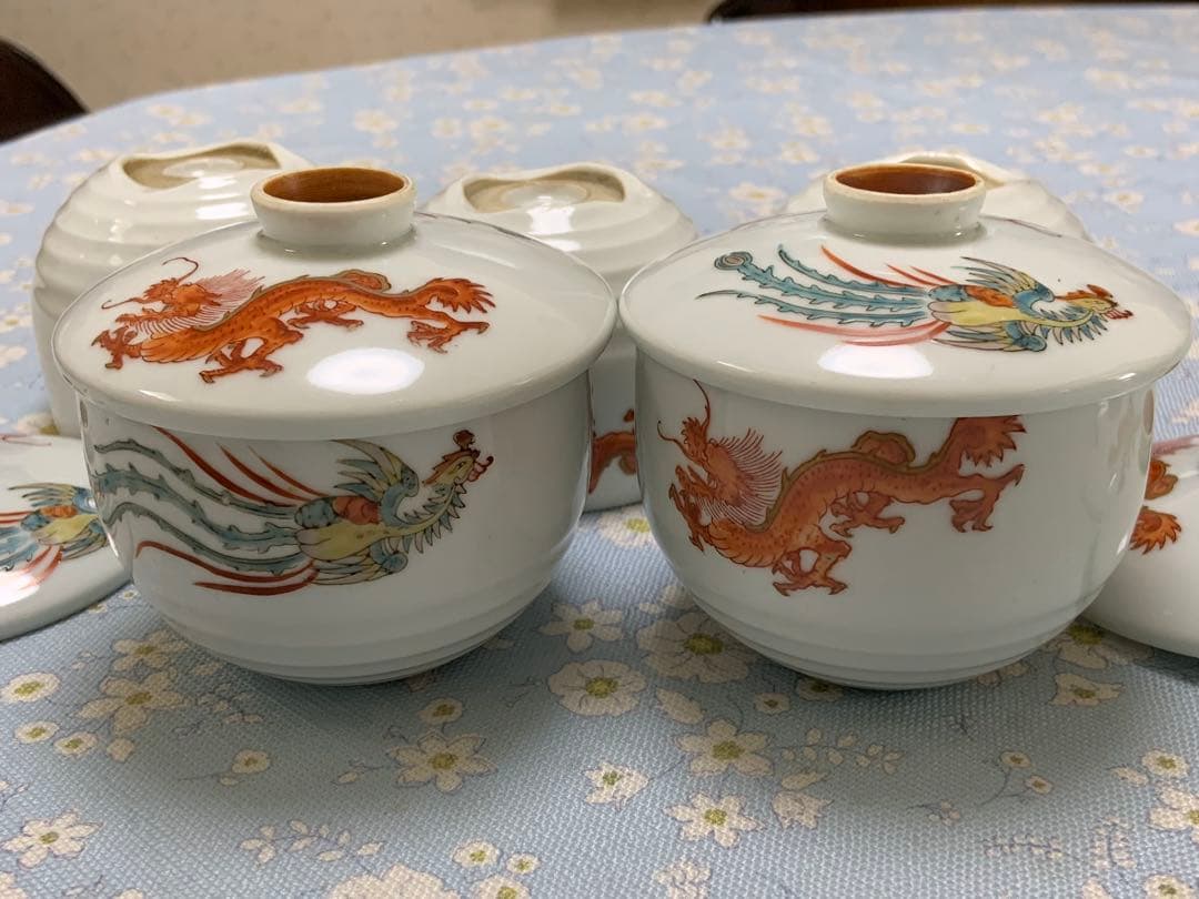 昭和レトロな蓋つき煮物椀 5個セット 龍と鳳凰の絵柄