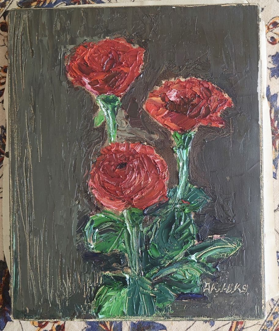 素敵な薔薇の油絵 額付き ☆ 原画 ☆ 画家サインあり 薔薇 油絵 額付 絵画