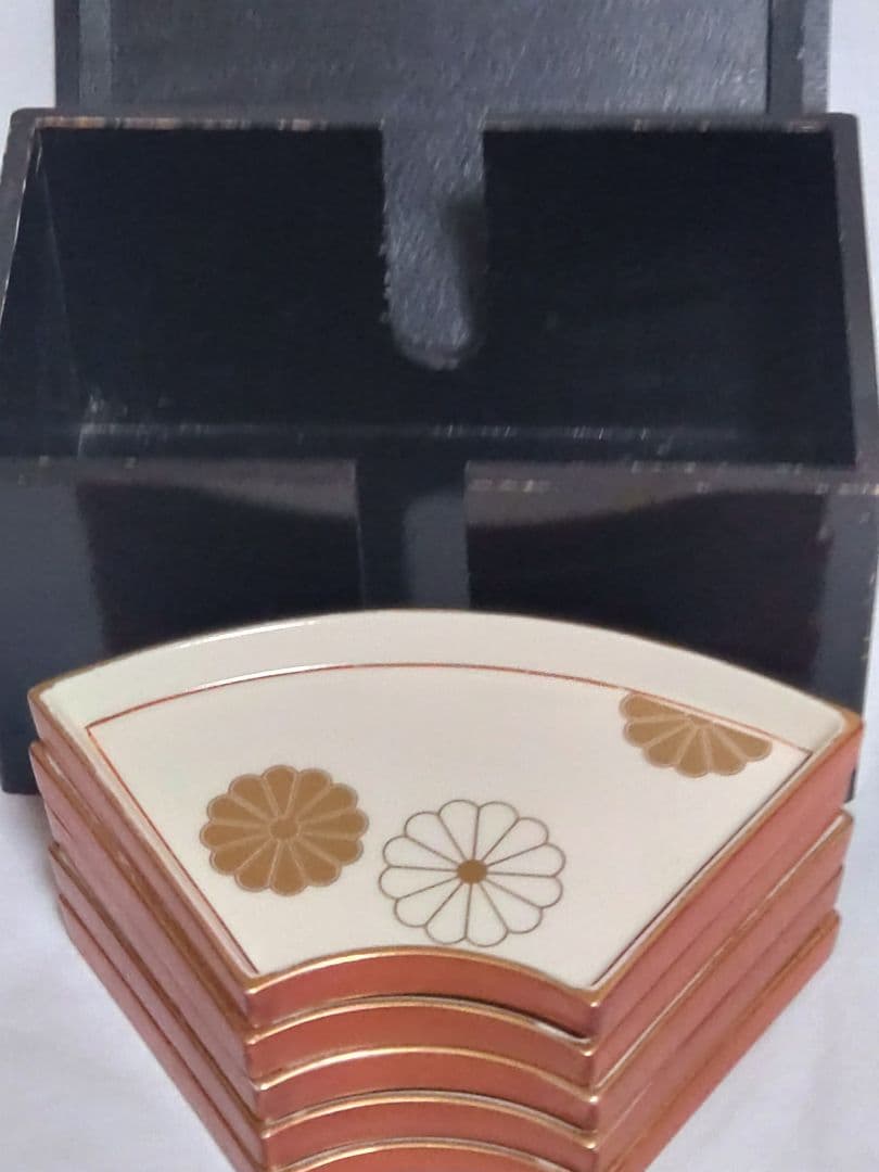 京焼　高台寺　縁金　扇形菓子皿　5枚　木箱付