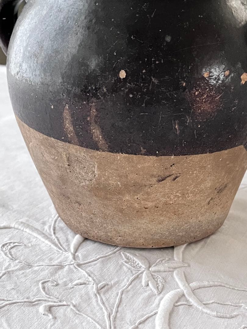 フランスアンティーク 南仏陶器 黒釉テラコッタ 持ち手付 コンフィポット3726