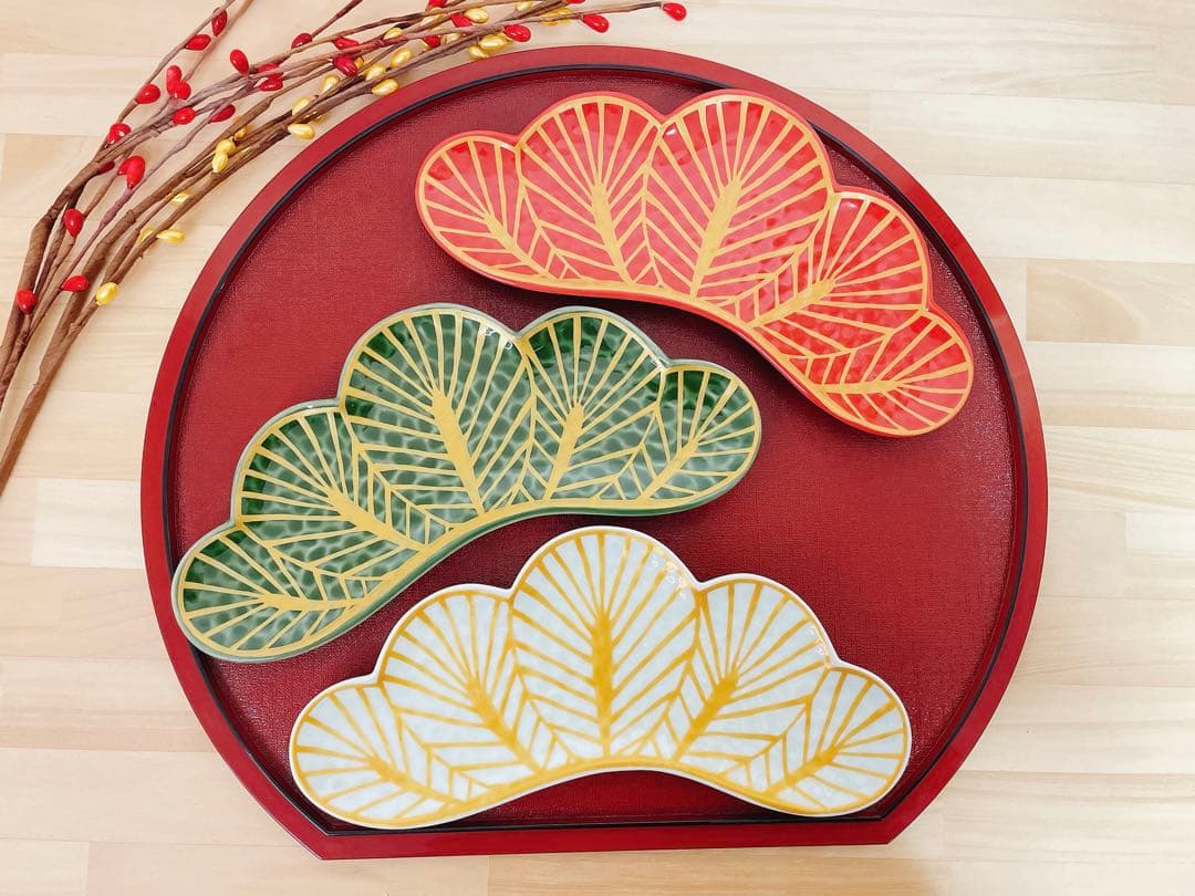 さるいぬきじご依頼品　幸楽窯　松葉形前菜皿　緑金　赤金　白金　5点セット