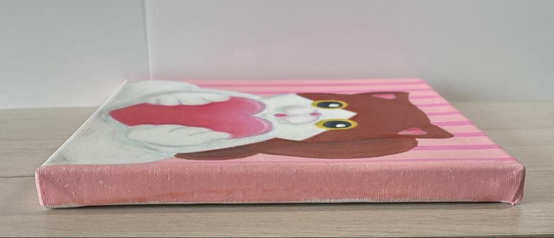 ゆるねこ原画　キャンバスボード　オイルパステル　「ハートとココ」