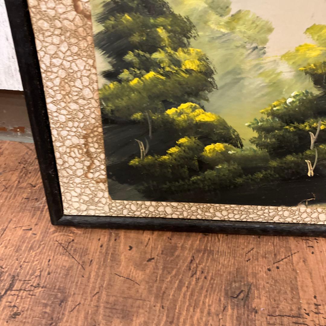 【希少ワイドサイズ】昭和レトロ 風景画 額装済み 古民家と山々 アートパネル