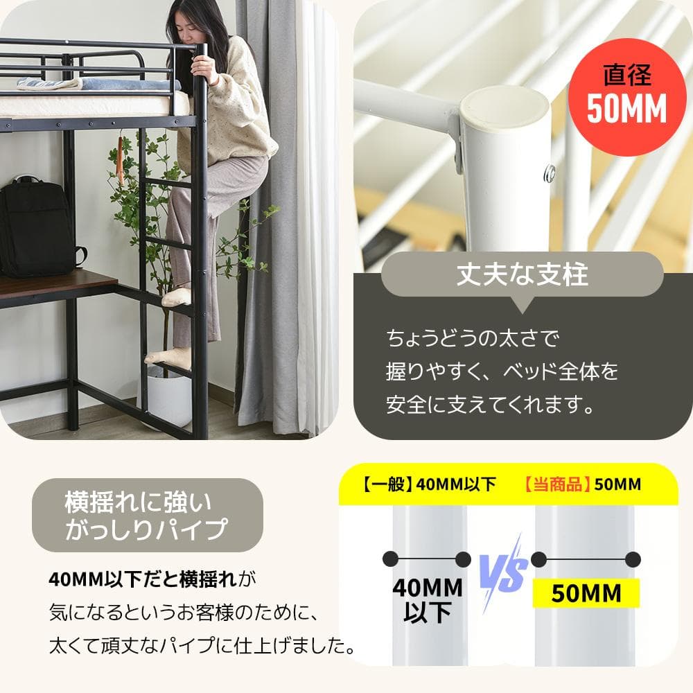 耐荷重250kgロフトベッド（S）コンセント付き 北欧風 二段ベッド WHITE