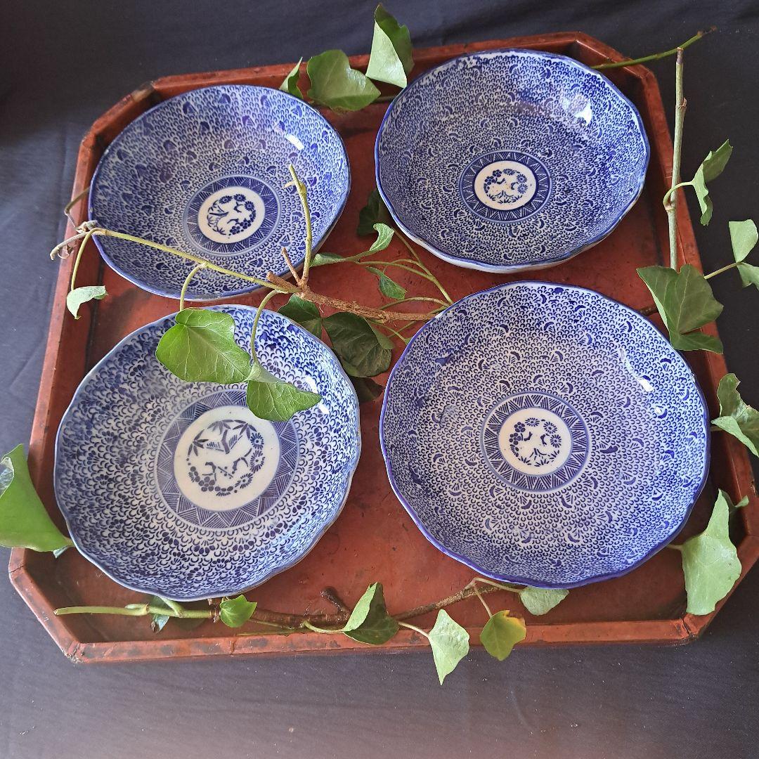 「ベロ藍の微塵唐草(みじんからくさ)」印版染付皿(直径15cm) 4客セット 骨