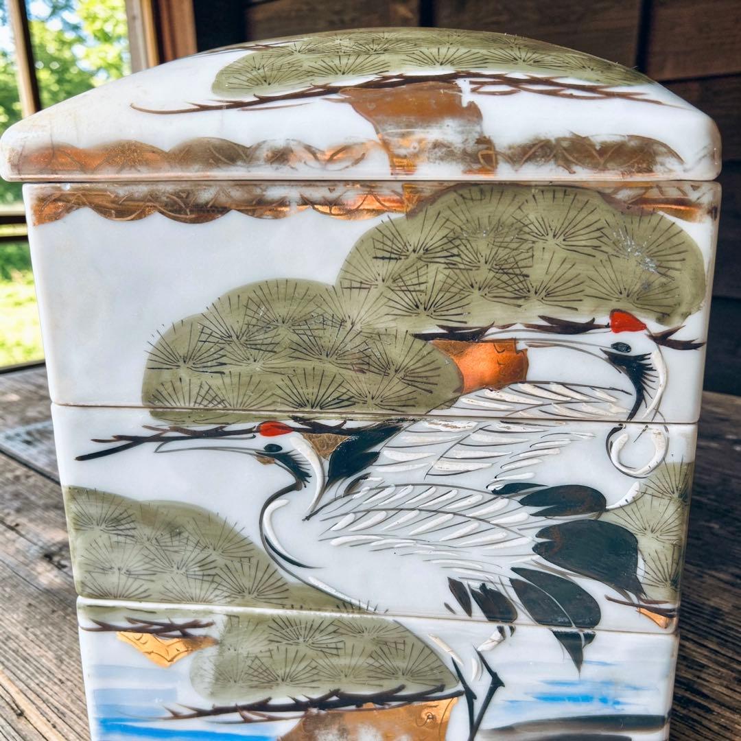 【時代物】色絵金彩「飛鶴松文」四段角重箱（共蓋・高足付）お花見 節句 懐石 茶席
