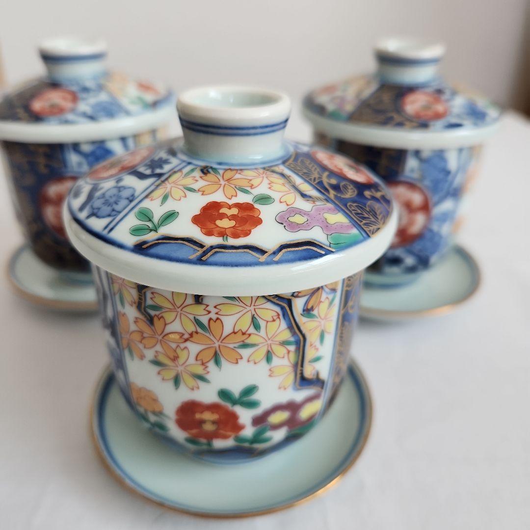 胡窯　波佐見　蒸し椀　三客　蓋付き　受け皿付き　高級品　有田焼　古伊万里