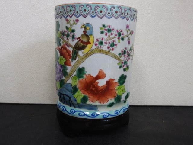 同治銘　粉彩花鳥文筆筒　保存箱　MA714
