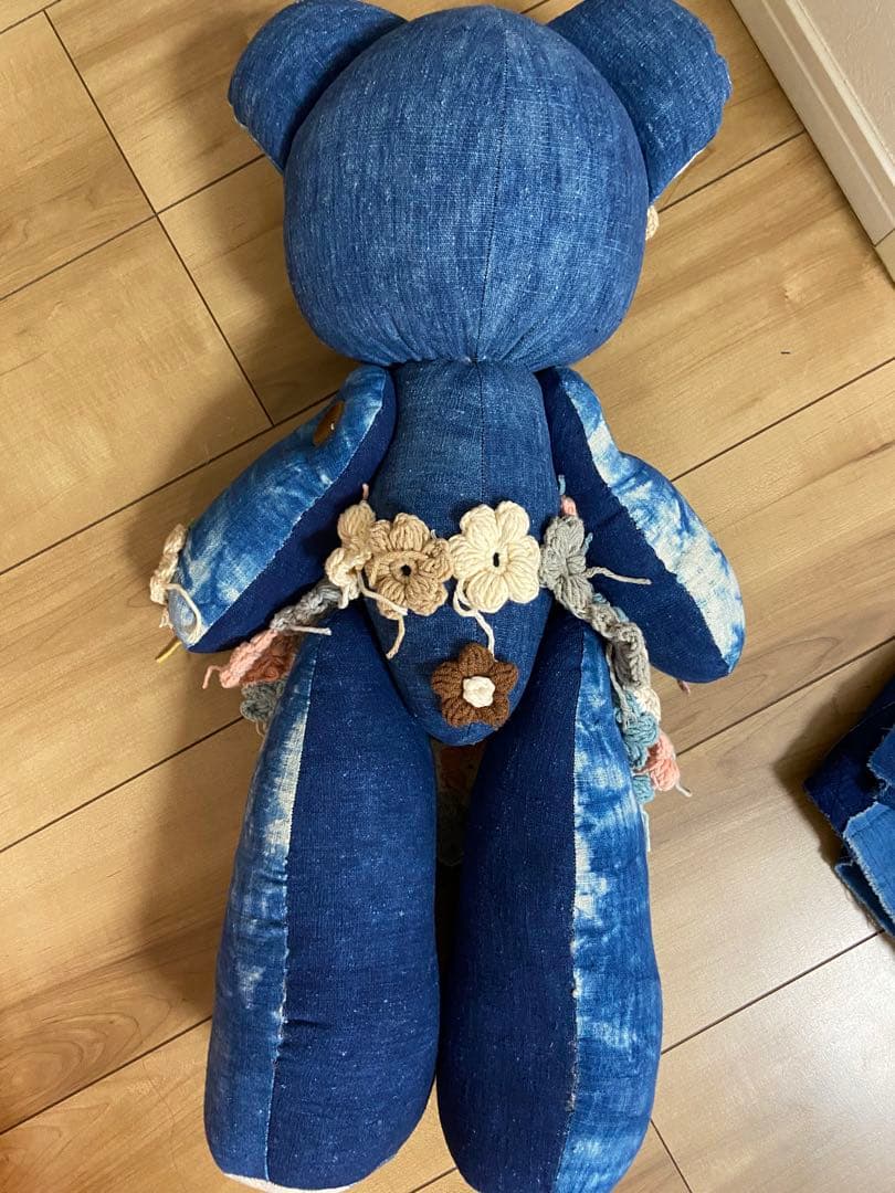 手作りハンドメイド藍染古布リメイク花熊ぬいぐるみ