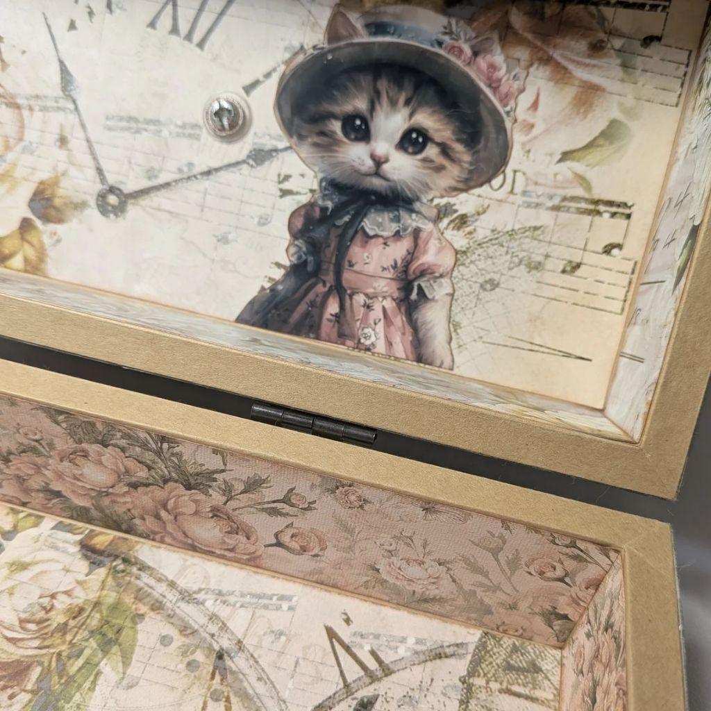 猫と花 木箱 ハンドメイド小物収納ボックス