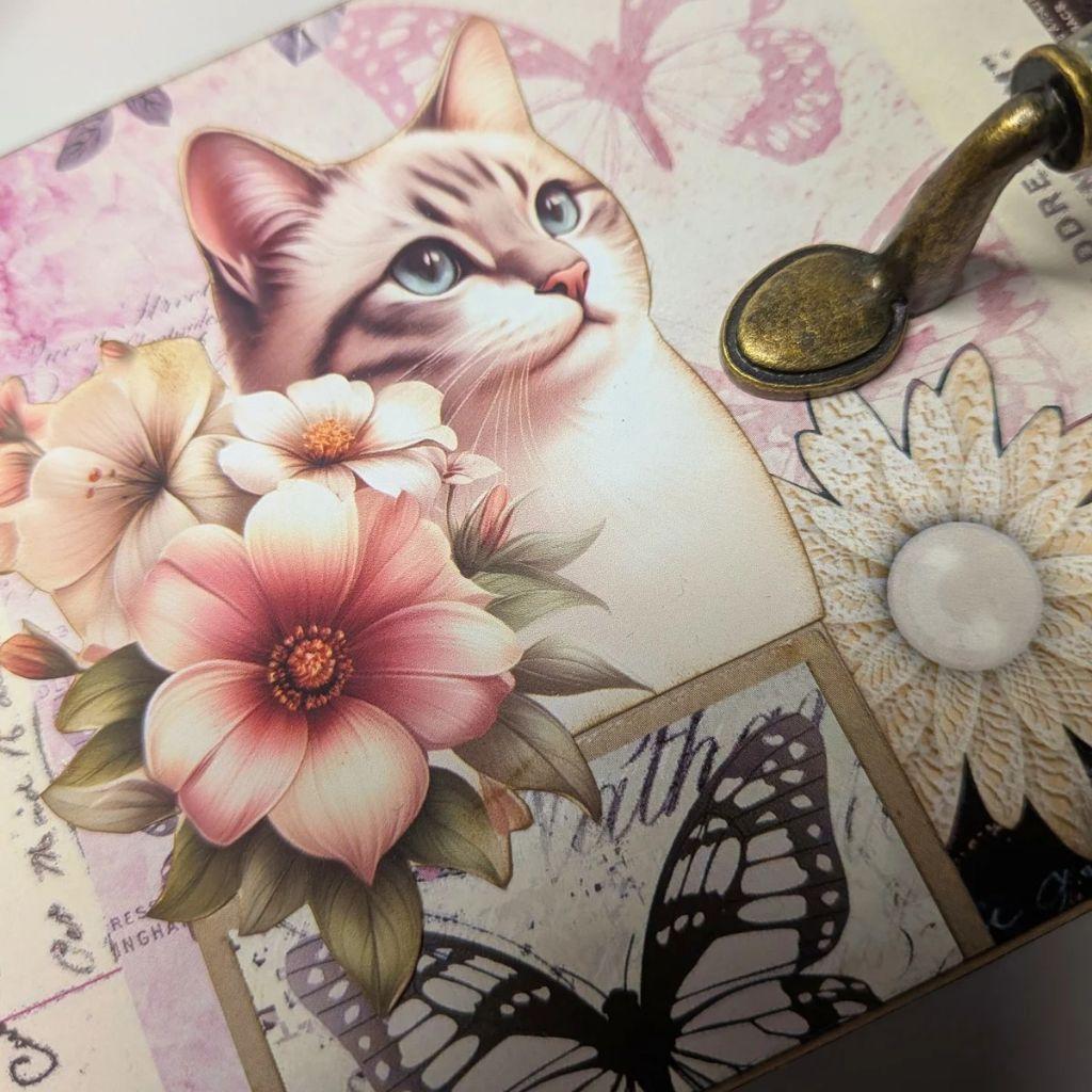 猫と花 木箱 ハンドメイド小物収納ボックス