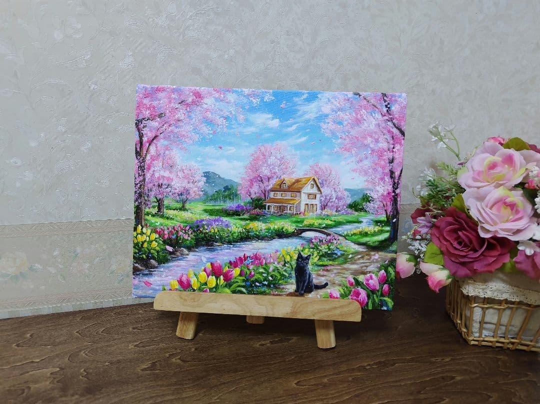【春の日】アクリル画 F3 風景画 絵画