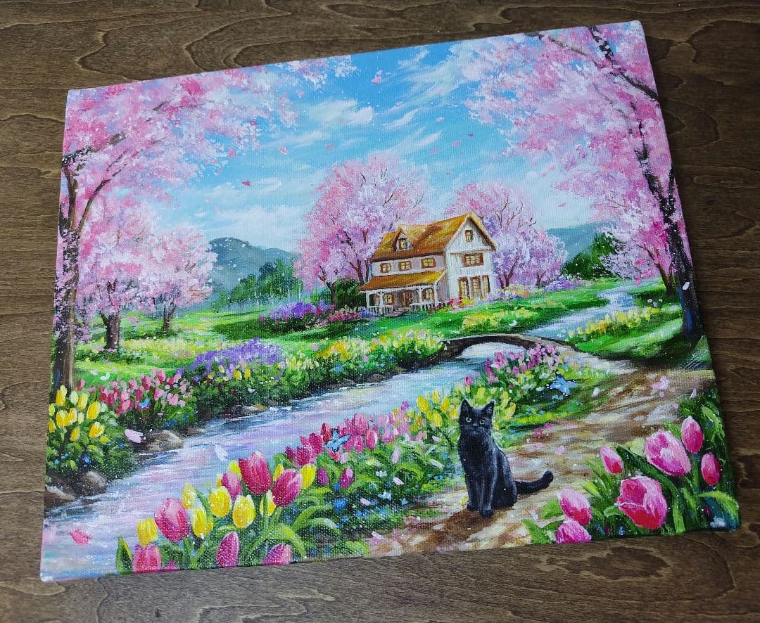 【春の日】アクリル画 F3 風景画 絵画