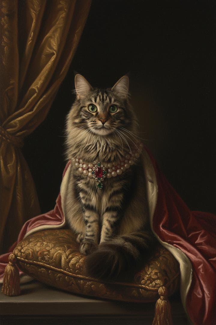 猫（メインクーン）のルネサンス風肖像画 油絵風アートA3額装インテリア壁掛け