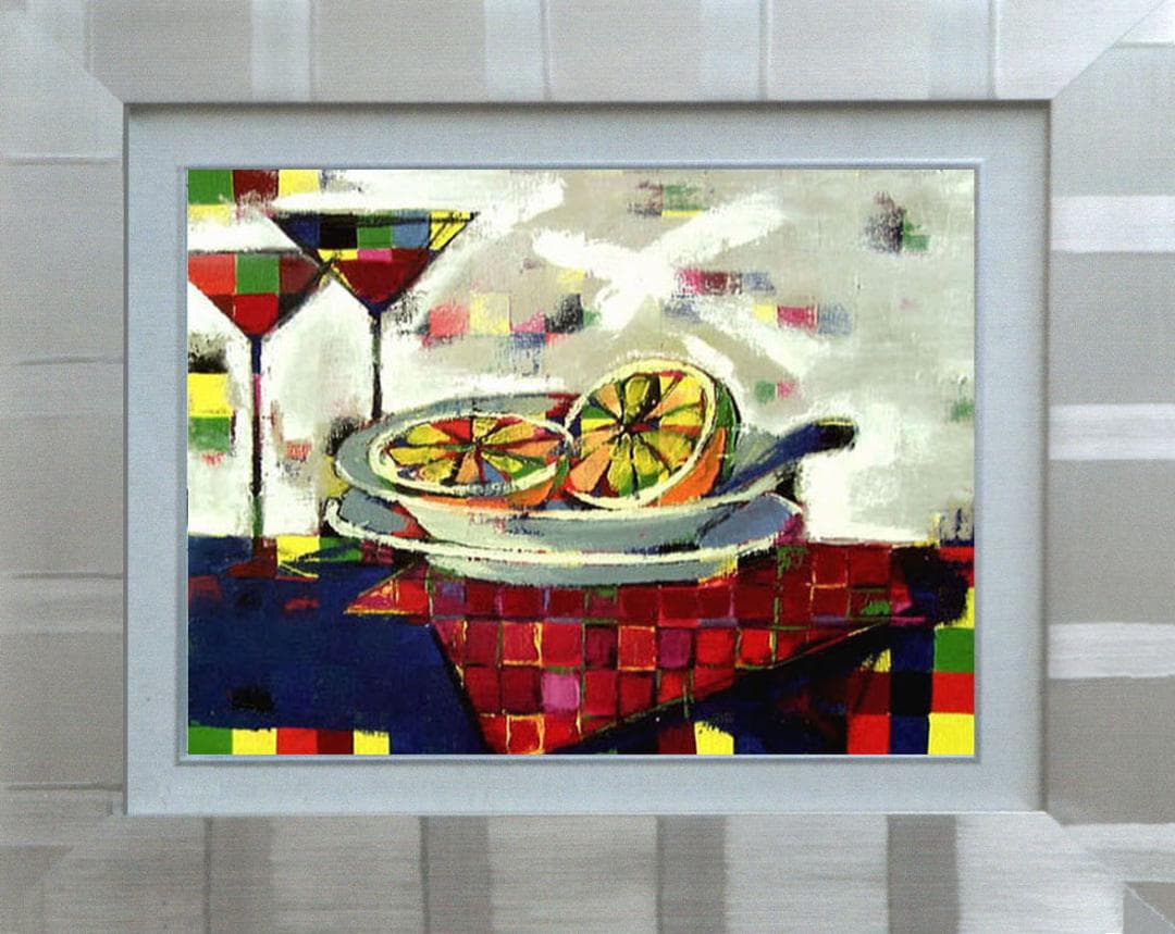 油絵 菅家令子 絵 絵画インテリア額付(白)uF6-061703フルーツグラス