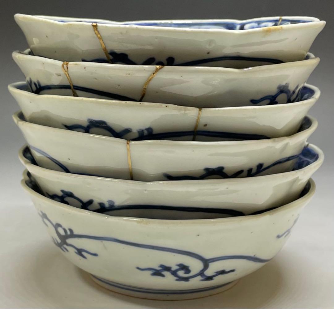 古伊万里　染付　芙蓉手　なます皿　全皿金継ぎ　6客　m3429
