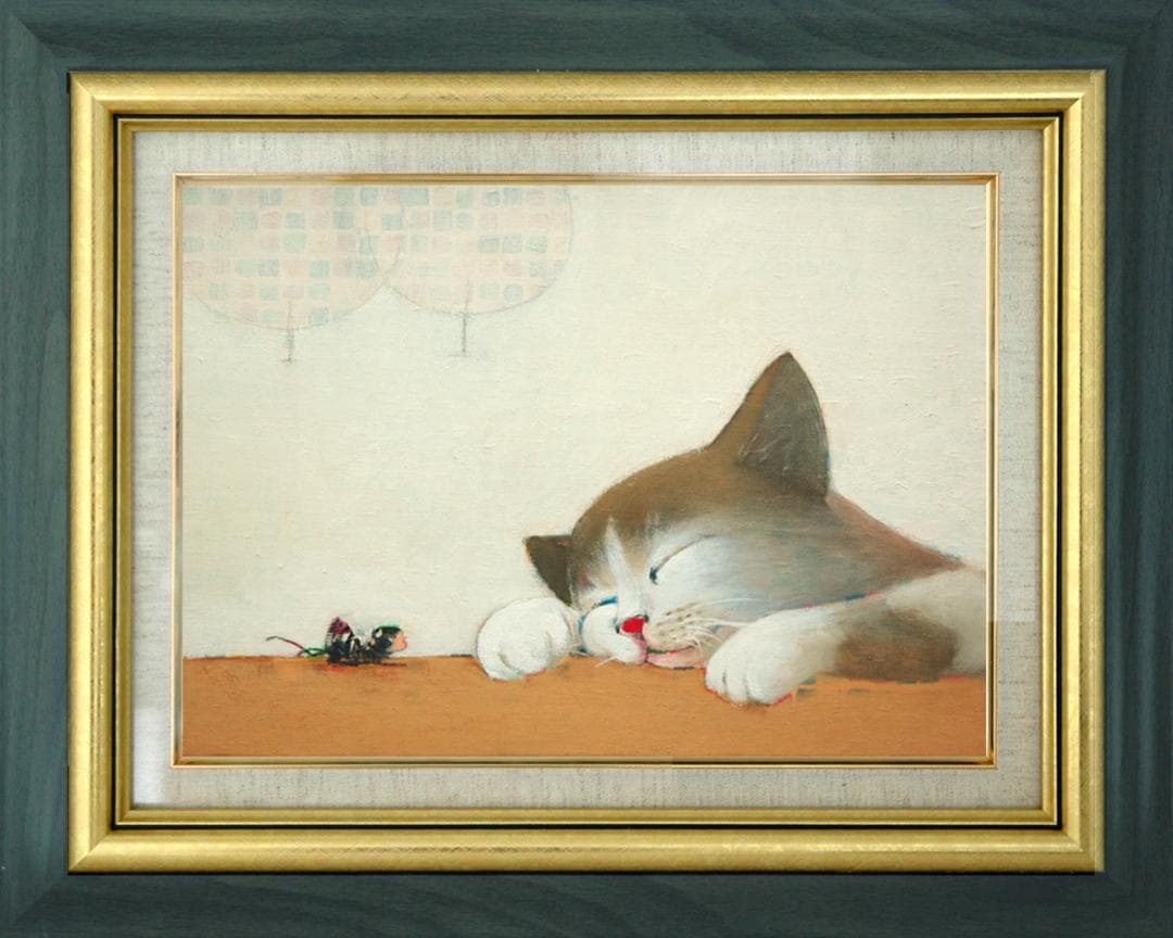 油絵菅家令子絵 絵画インテリア額付(青緑＋金色の枠)F4-072019猫女の子蟻