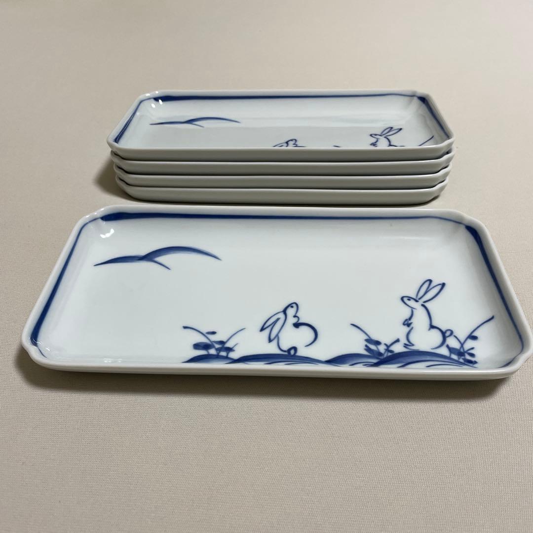 たち吉　うさぎ柄 長角皿 5枚セット 染付 和食器 小皿 銘々皿