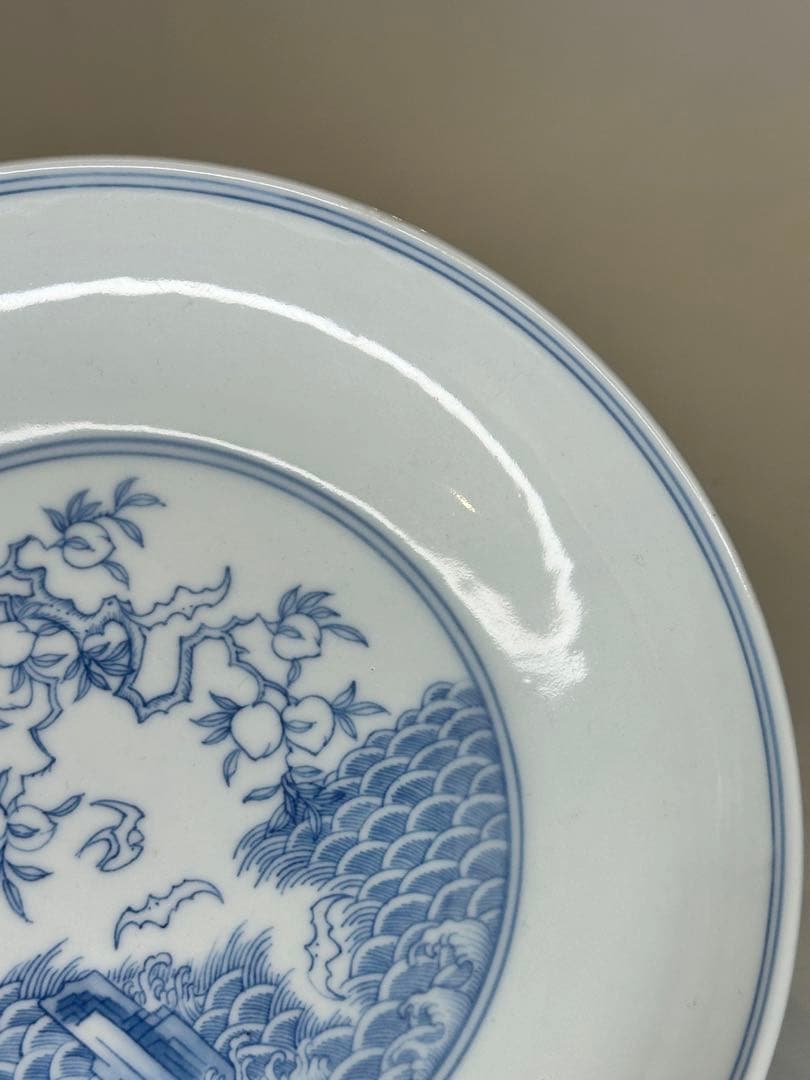 中国 大清雍正年製 青花染付 山水図 皿 背面寿字文 古陶磁 骨董品