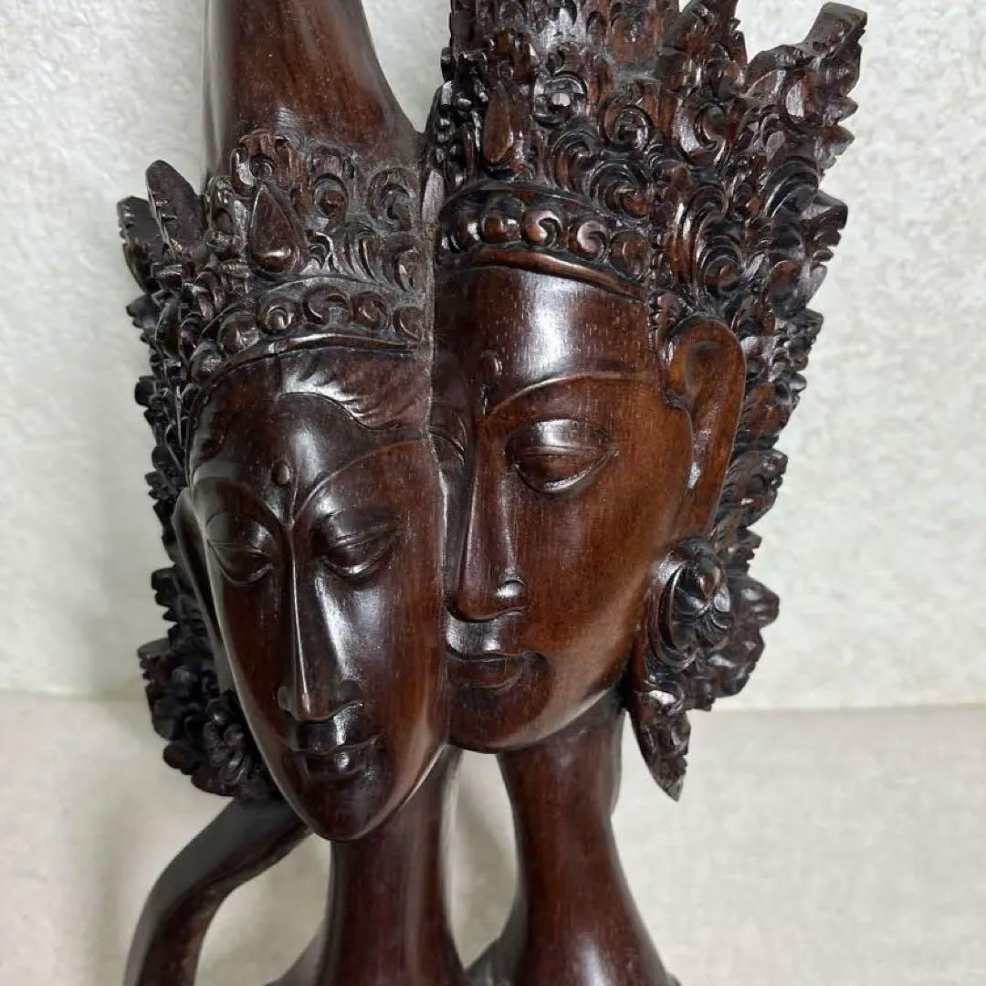 【素敵】木製彫刻 二面の顔　アンティーク古代物　高さ36cm
