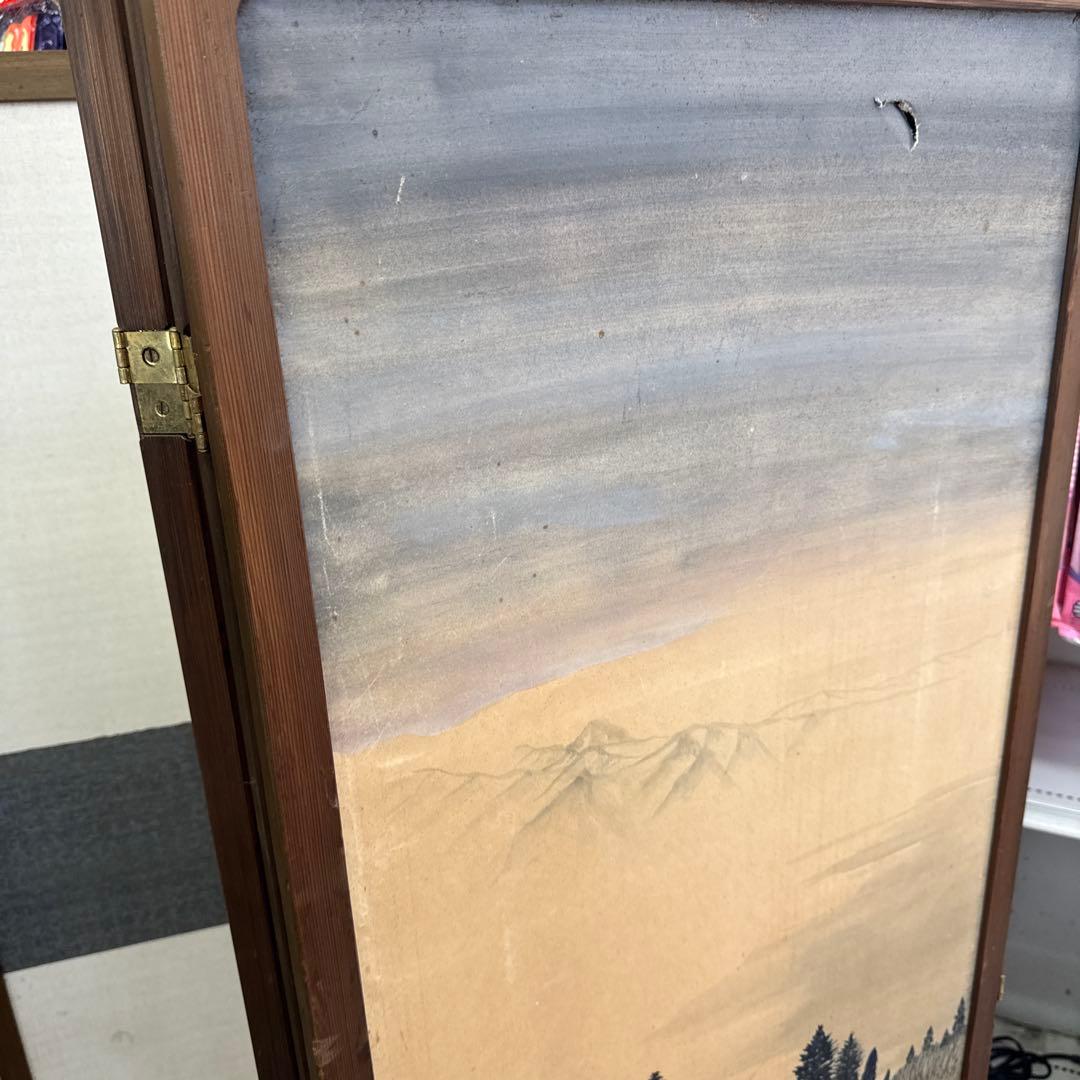 山水画風 山水屏風　墨絵　水墨画　山水画　屏風　アンティーク　当時物　レトロ