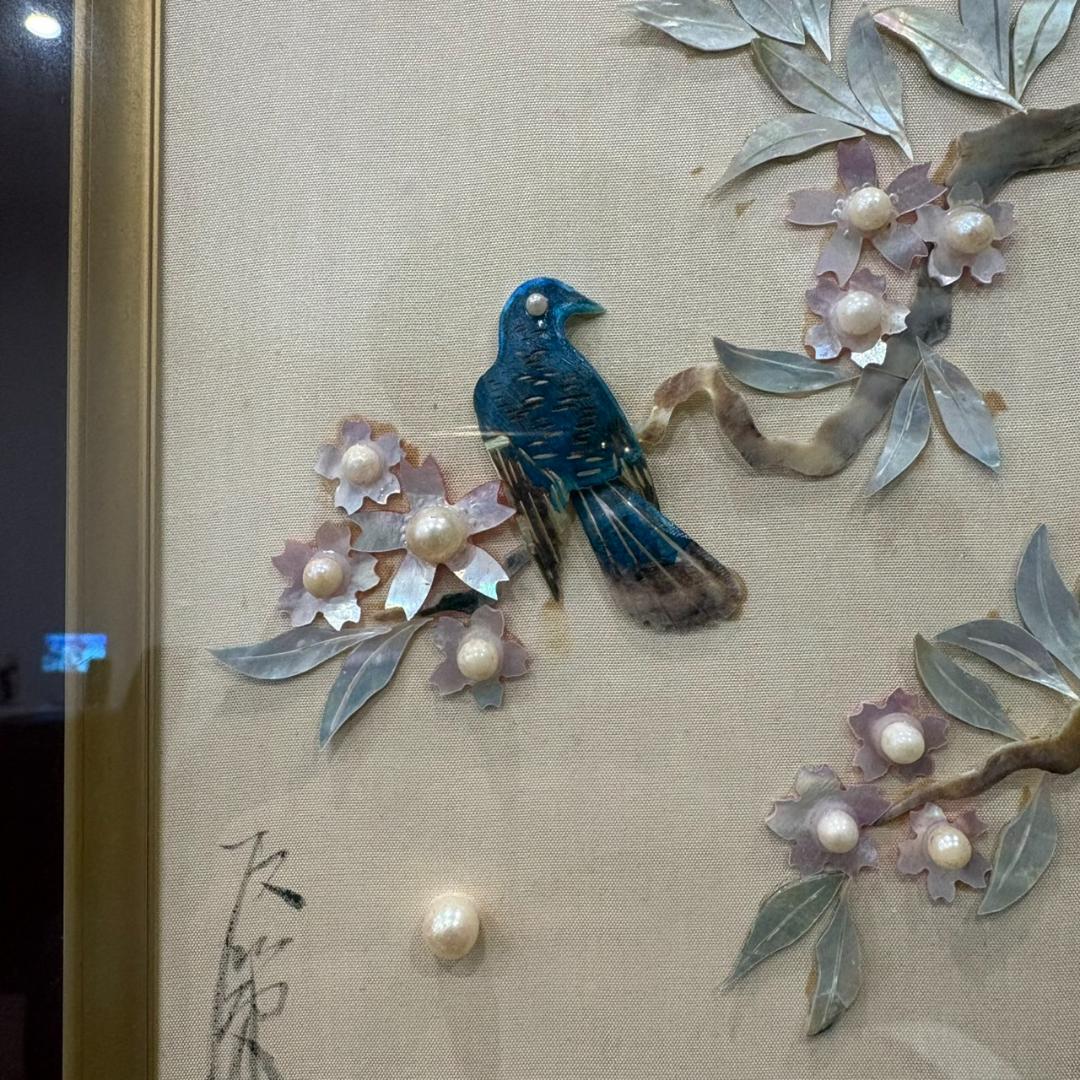 鳥 花細工 額装 アート 貝細工 立体工芸 和風インテリア 壁掛け