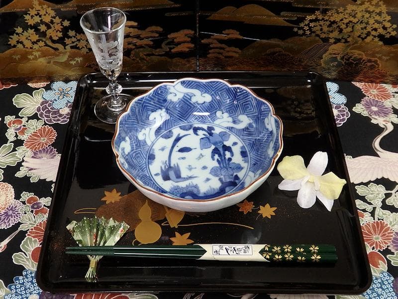 古伊万里　染付　雷紋に雲　花鳥紋の図　膾皿　２客　江戸期　E411AS-CEz