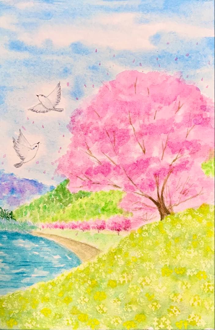 水彩画　河津桜と菜の花と舞う小鳥　値段は※900円です