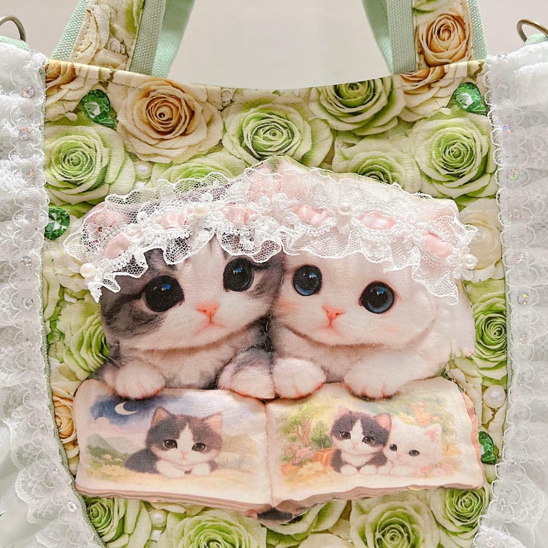 m*e様 ✿ お花と子猫の贅沢フリル＆レース トートバッグ ✿ハンドメイド