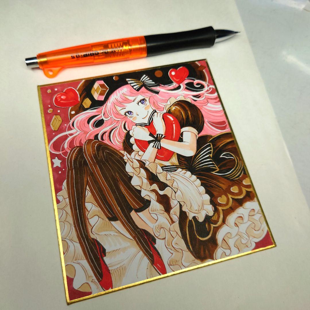 【手描きイラスト 054】オリジナル原画色紙 コピック「苺チョコレートの女の子」