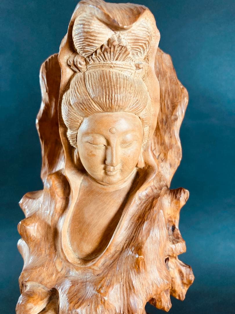 【天然木根】一刀彫　木彫り　観音菩薩　仏像　彫刻　骨董品