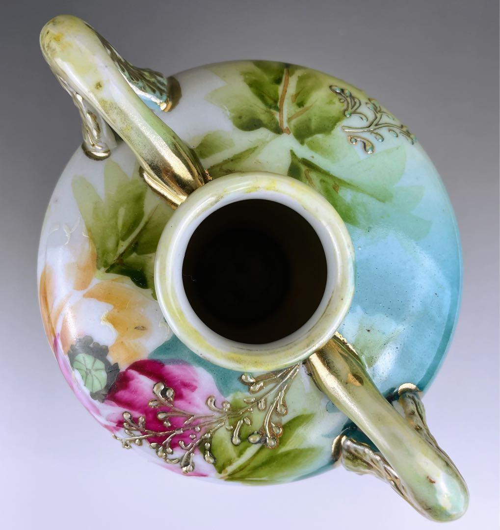 オールドノリタケ 約２３cm アールヌーボー ポピー花紋花瓶 金盛り 盛上げ