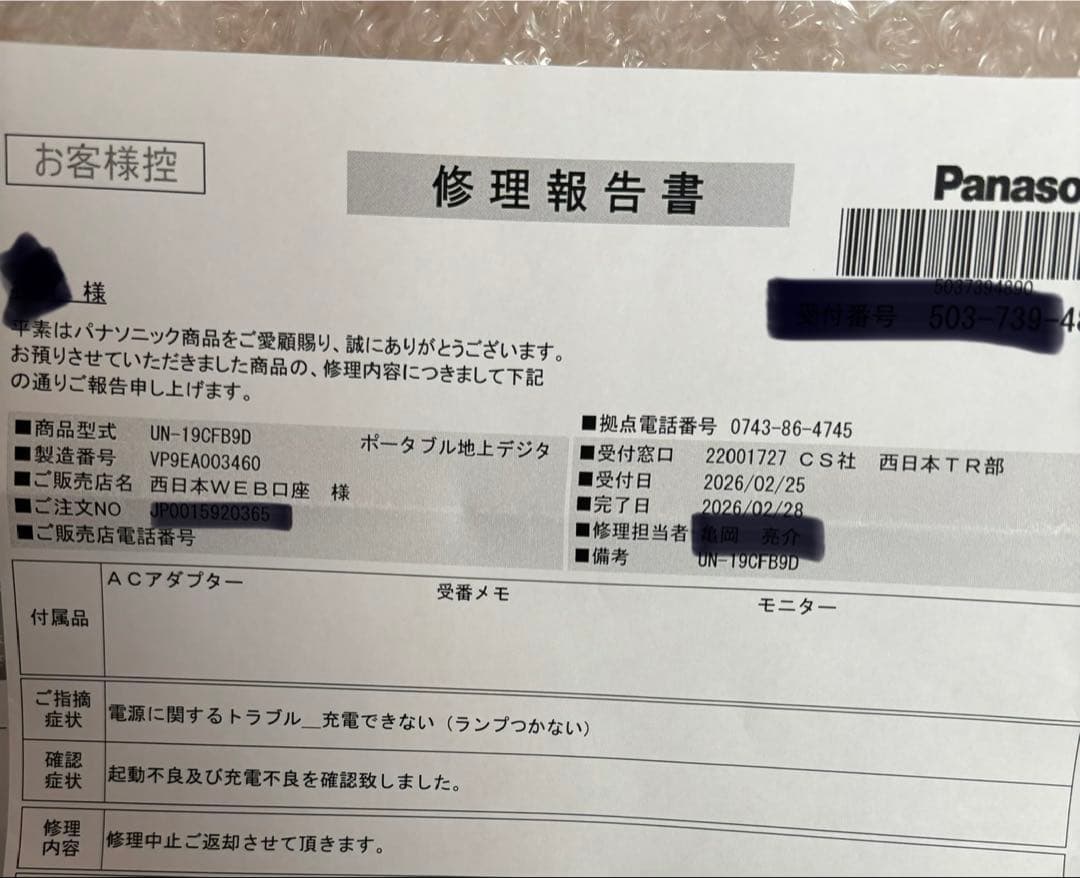 Panasonic プライベート・ビエラ UN-19CFB9D ポータブルテレビ