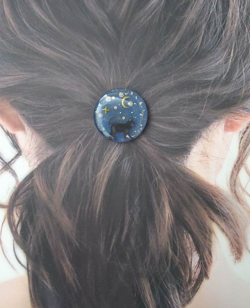 星空と黒猫ちゃんラウンドレジンヘアゴム