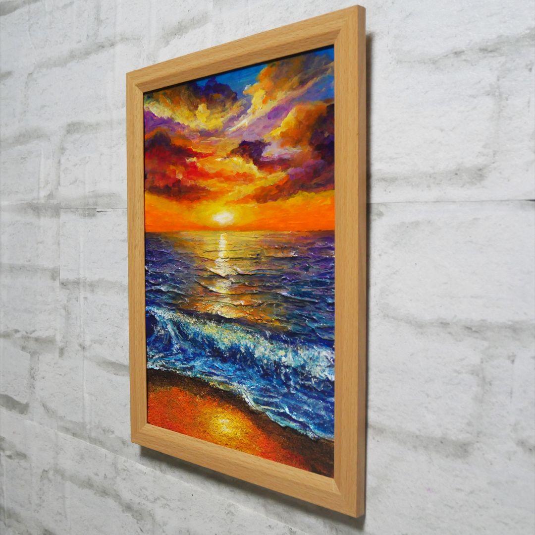 油絵 油彩 油彩画 絵 絵画 【水平線に沈む夕日】A4